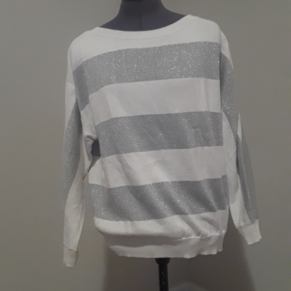 Liz‎ Claiborne Sparkly Grey & White Striped Long Sleeve Shirt